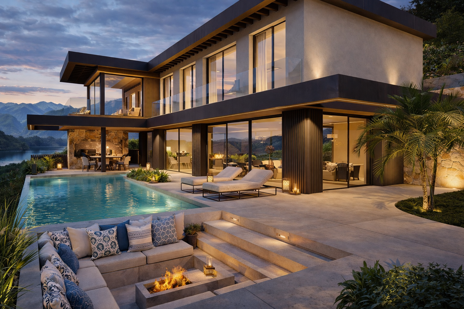 Villa Kauai en La Cala Golf, Mijas · piscina exterior al atardecer con fire pit, sofá modular y vistas al embalse y la sierra · vivienda unifamiliar de Klic Arquitectos