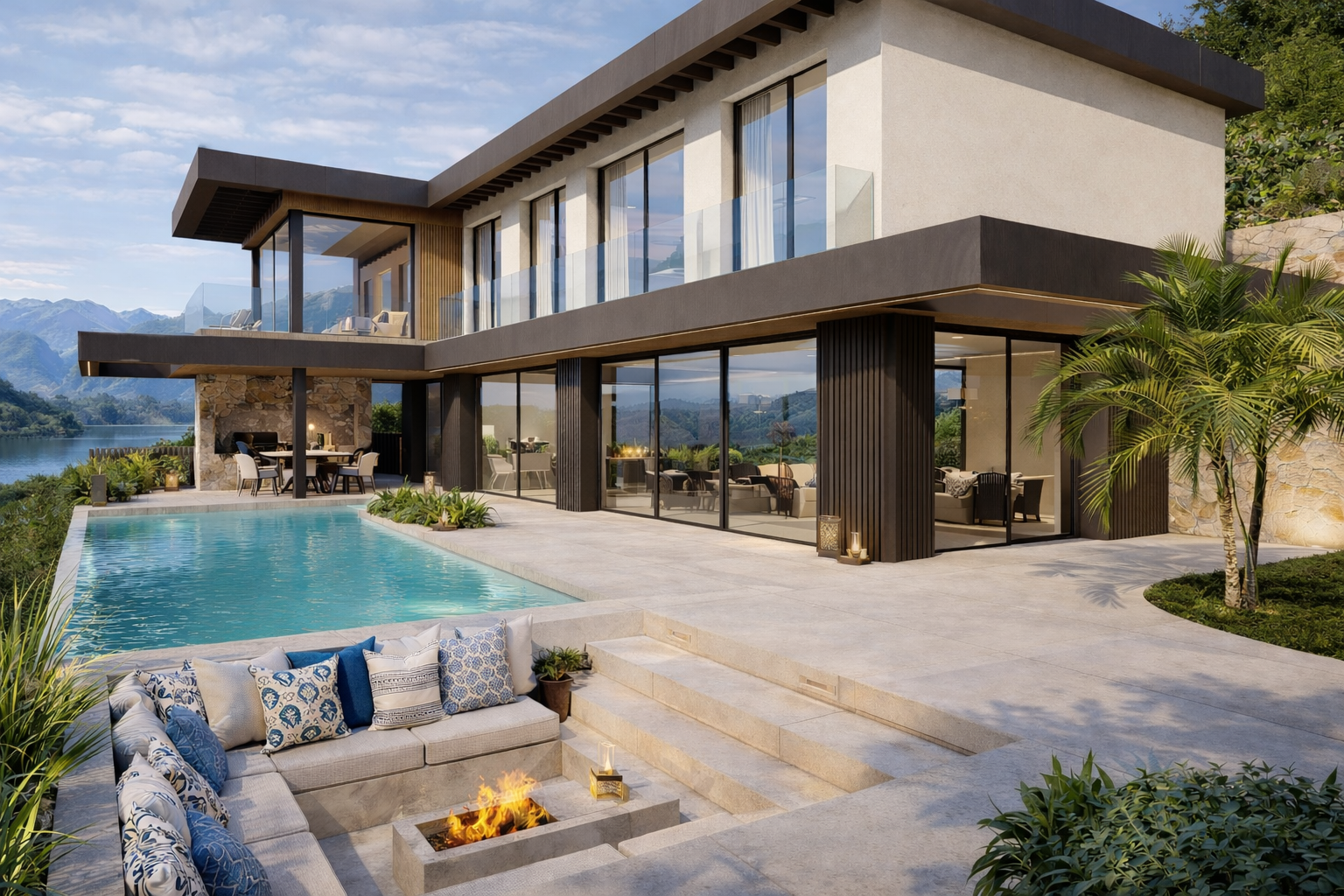 Villa Kauai en La Cala Golf, Mijas · piscina con porche cubierto, zona chill out con fire pit y vistas al embalse · vivienda unifamiliar de Klic Arquitectos