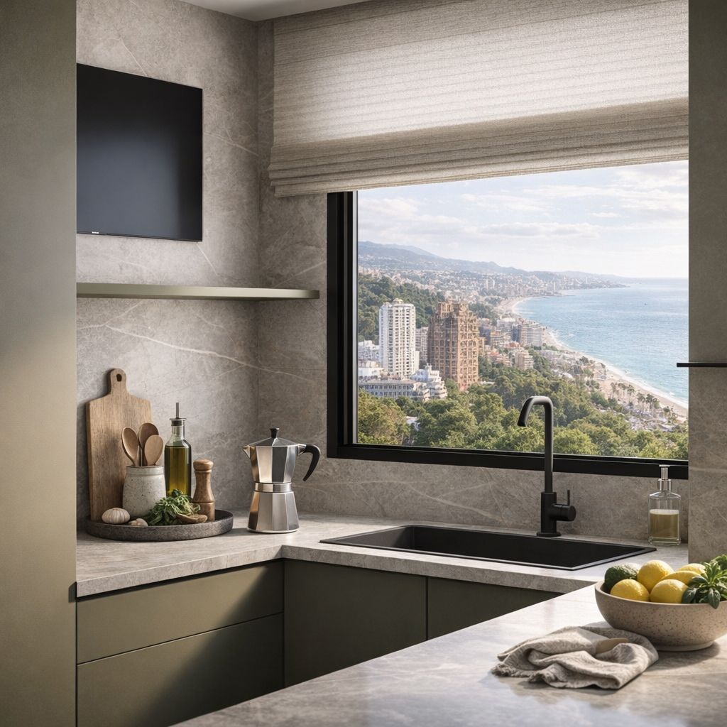 Infografía · Cocina abierta con isla y vistas a la bahía de Málaga · Casa Caoba · reforma de detalle con interiorismo en primera línea de playa de Torremolinos por Klic Arquitectos