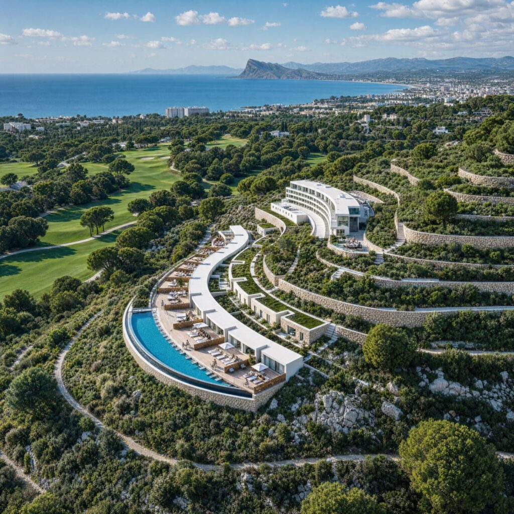 Infografía de hotel boutique en ladera con piscina infinita sobre el mar · arquitectura hotelera en la Costa del Sol · Klic Arquitectos