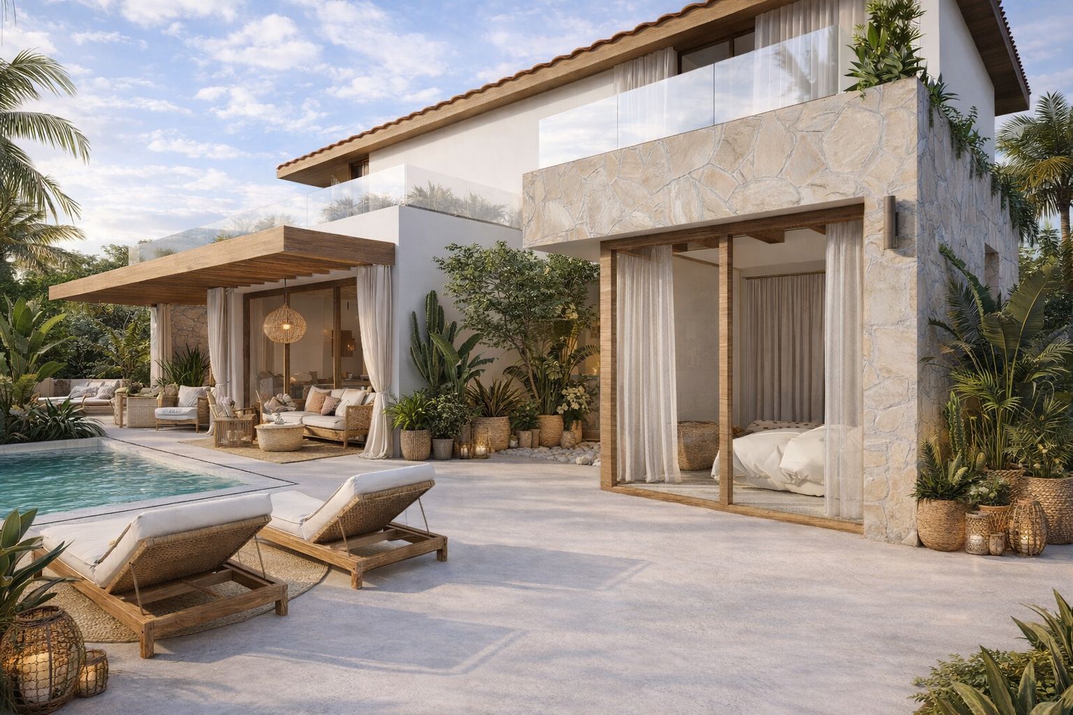 Infografía · Terraza con piscina de Casa Caliza en Benalmádena (Málaga) por Klic Arquitectos