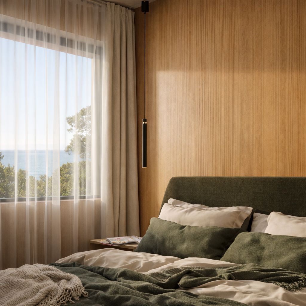 Infografía · Dormitorio principal con cabecero verde tapizado, cortinas y luz natural · Casa Caoba · reforma de detalle con interiorismo en primera línea de playa de Torremolinos (Málaga) por Klic Arquitectos