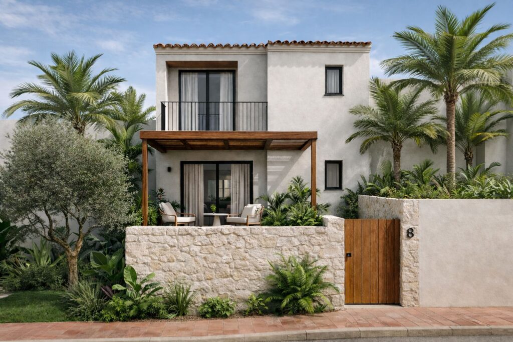 Infografía · Fachada principal con jardín y muro de piedra · Casa Cotton · reforma de detalle con interiorismo en Nerja (Málaga) por Klic Arquitectos