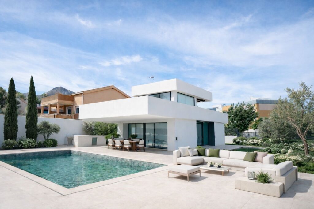 Infografía · De Casa Maravillas con piscina, jardín y arquitectura contemporánea en Benalmádena (Málaga) por Klic Arquitectos