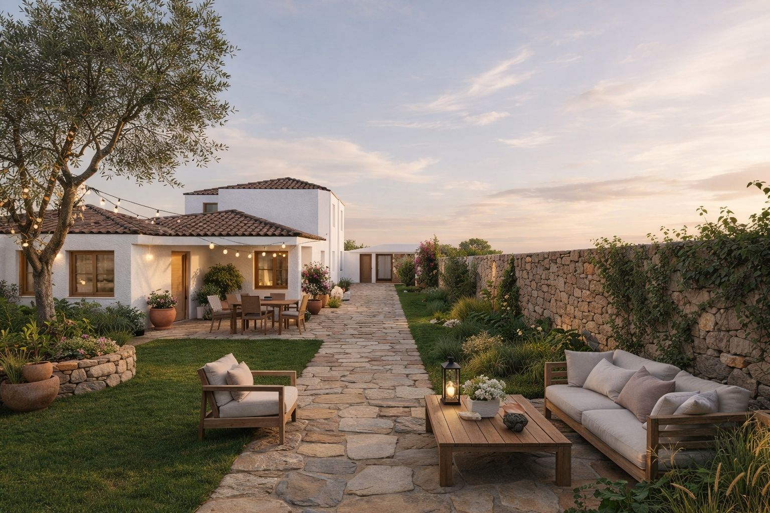 Jardín con salón exterior y muro de piedra en Casa Olivia, Benalmádena (Málaga), proyecto de Klic Arquitectos