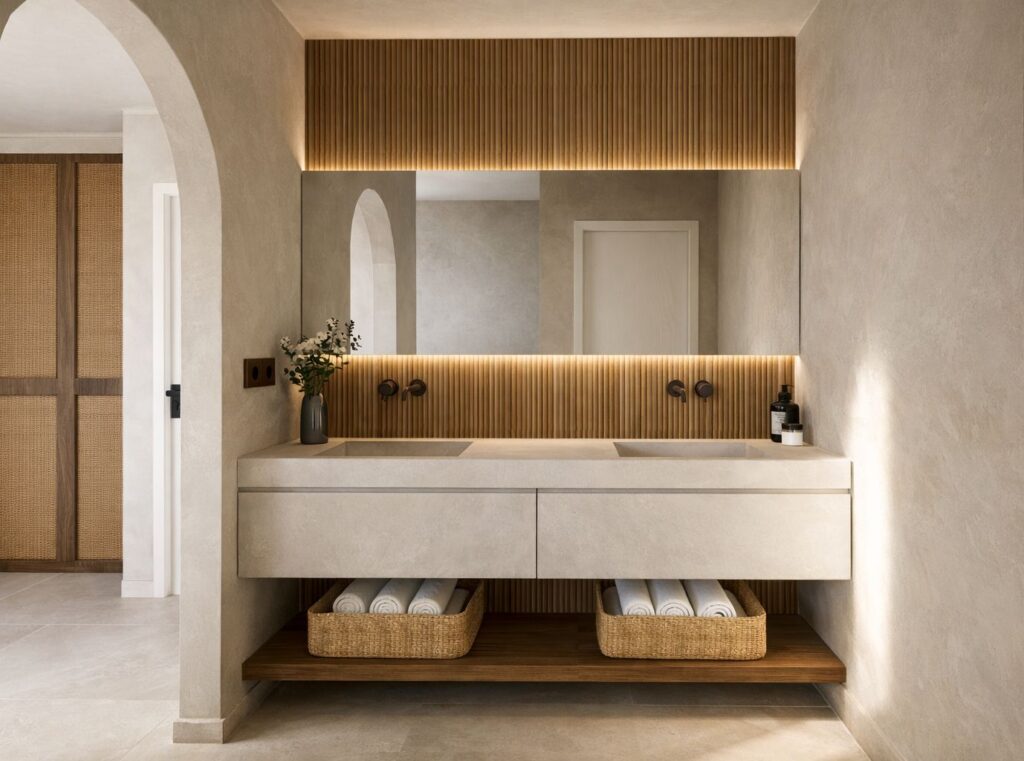 Infografía · Baño con doble lavabo de Casa Posh, vivienda en Marbella (Málaga) por Klic Arquitectos