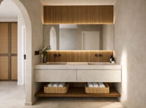Infografía · Baño con doble lavabo de Casa Posh, vivienda en Marbella (Málaga) por Klic Arquitectos