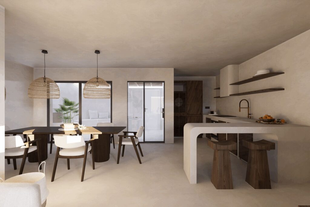 Cocina-comedor con isla curva de Casa Posh en Marbella (Málaga) por Klic Arquitectos