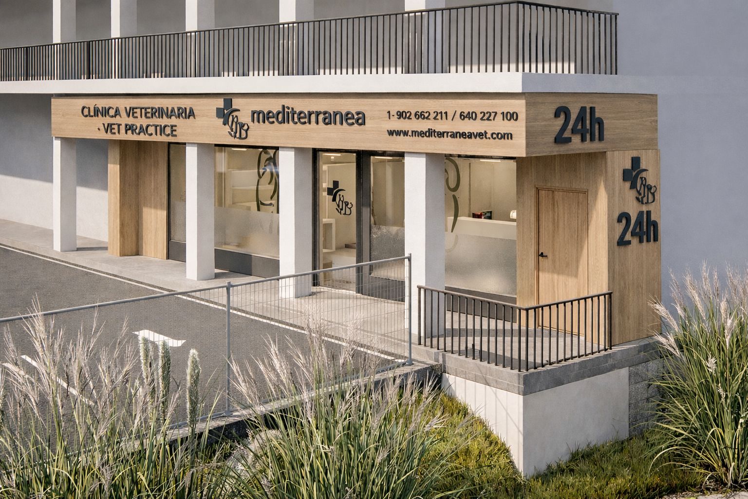 Seitlicher Zugang mit barrierefreier Rampe und Gräsern an der Tierklinik Mediterránea in Estepona