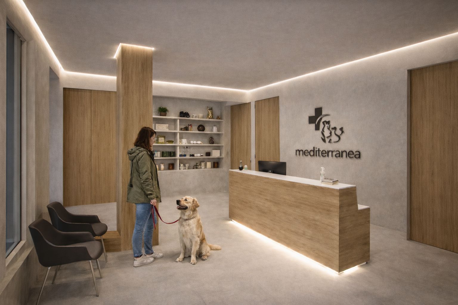 Innenempfang mit Holztheke und Mikrozement der Tierklinik Mediterránea