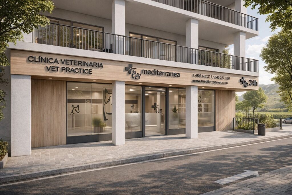 Infografía · Fachada de la Clínica Veterinaria Mediterránea en Estepona diseñada por Klic Arquitectos, con rótulo de madera natural, vinilos de perro y gato y servicio 24 h