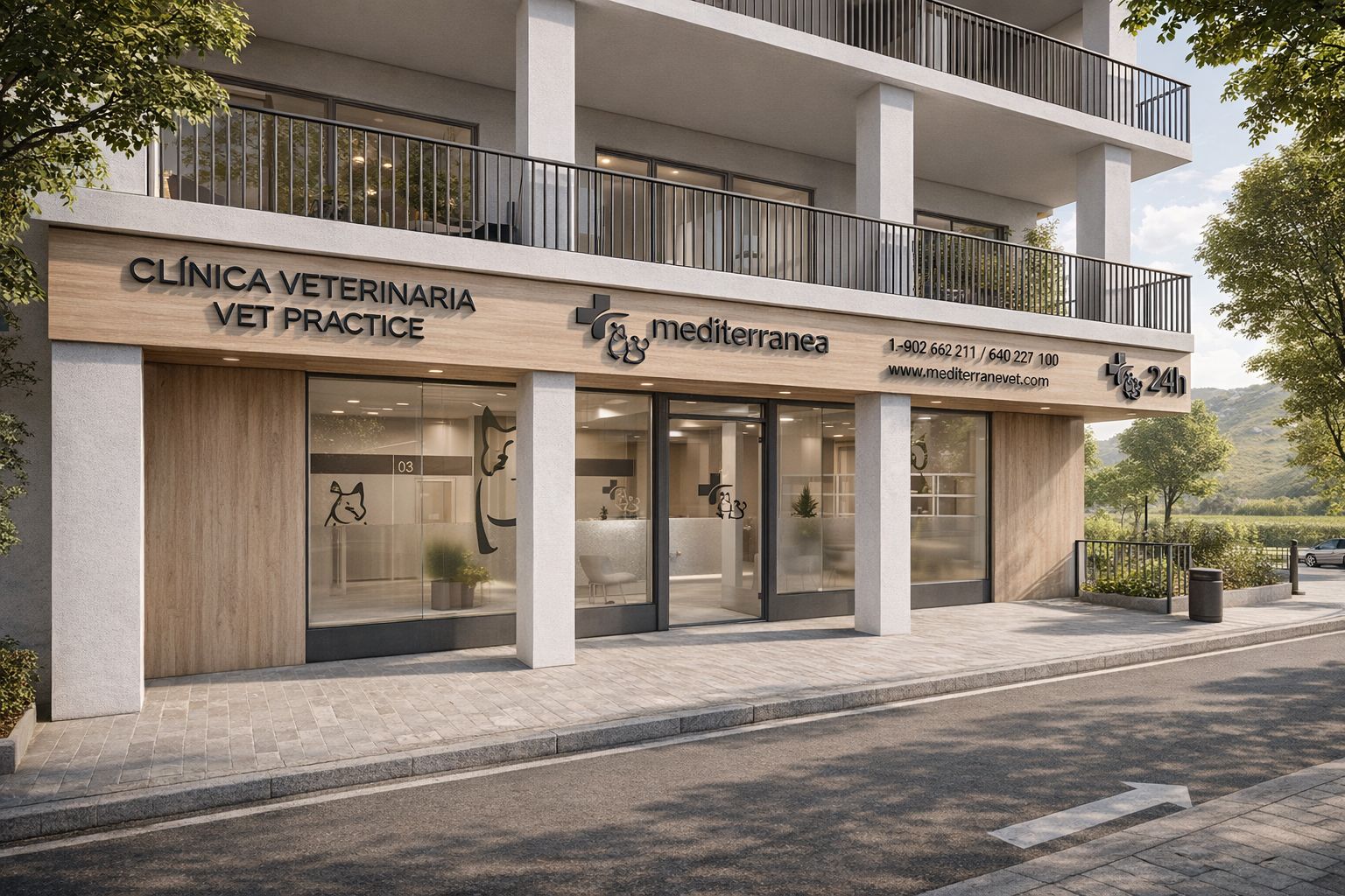 Fassade der Tierklinik Mediterránea in Estepona, entworfen von Klic Arquitectos