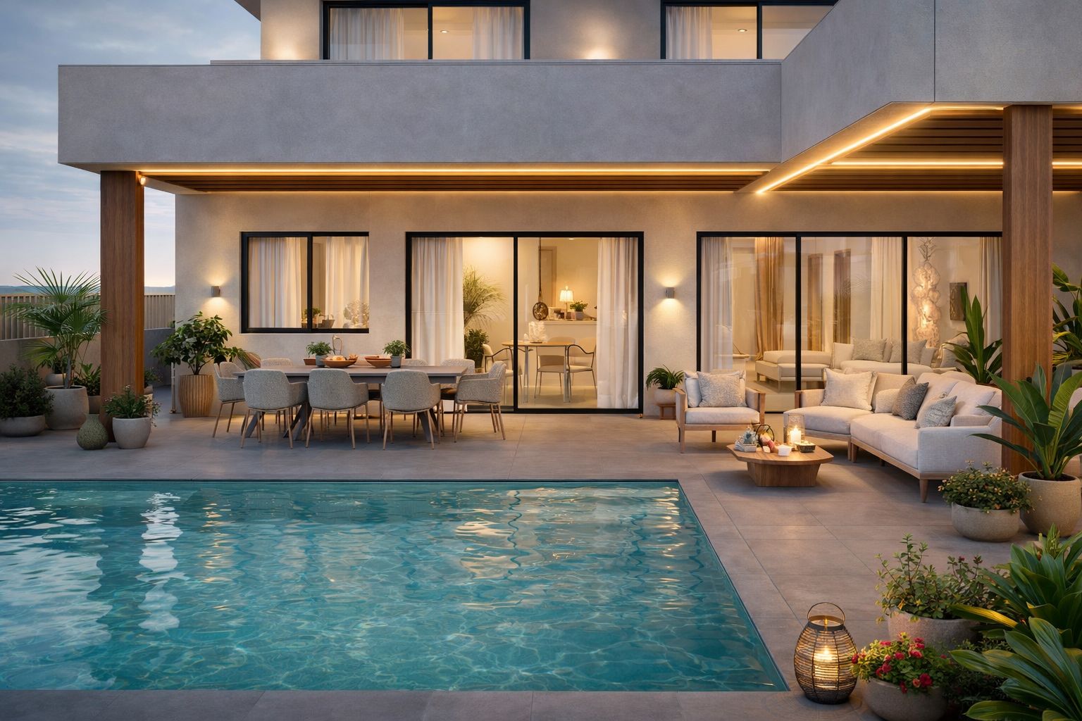 Terraza nocturna con piscina y zona de estar exterior de Villa Sand en Colinas del Limonar (Málaga) por Klic Arquitectos