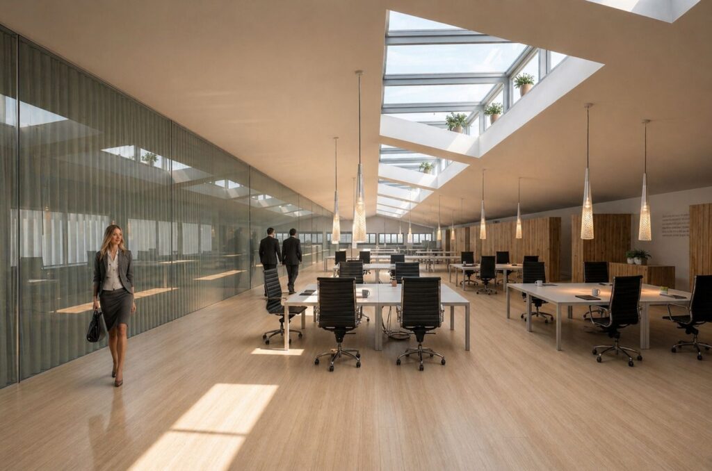 Infografía · Open space del coworking Carranza en la zona del Olivar, Málaga · lucernarios y particiones acristaladas · diseño de Klic Arquitectos