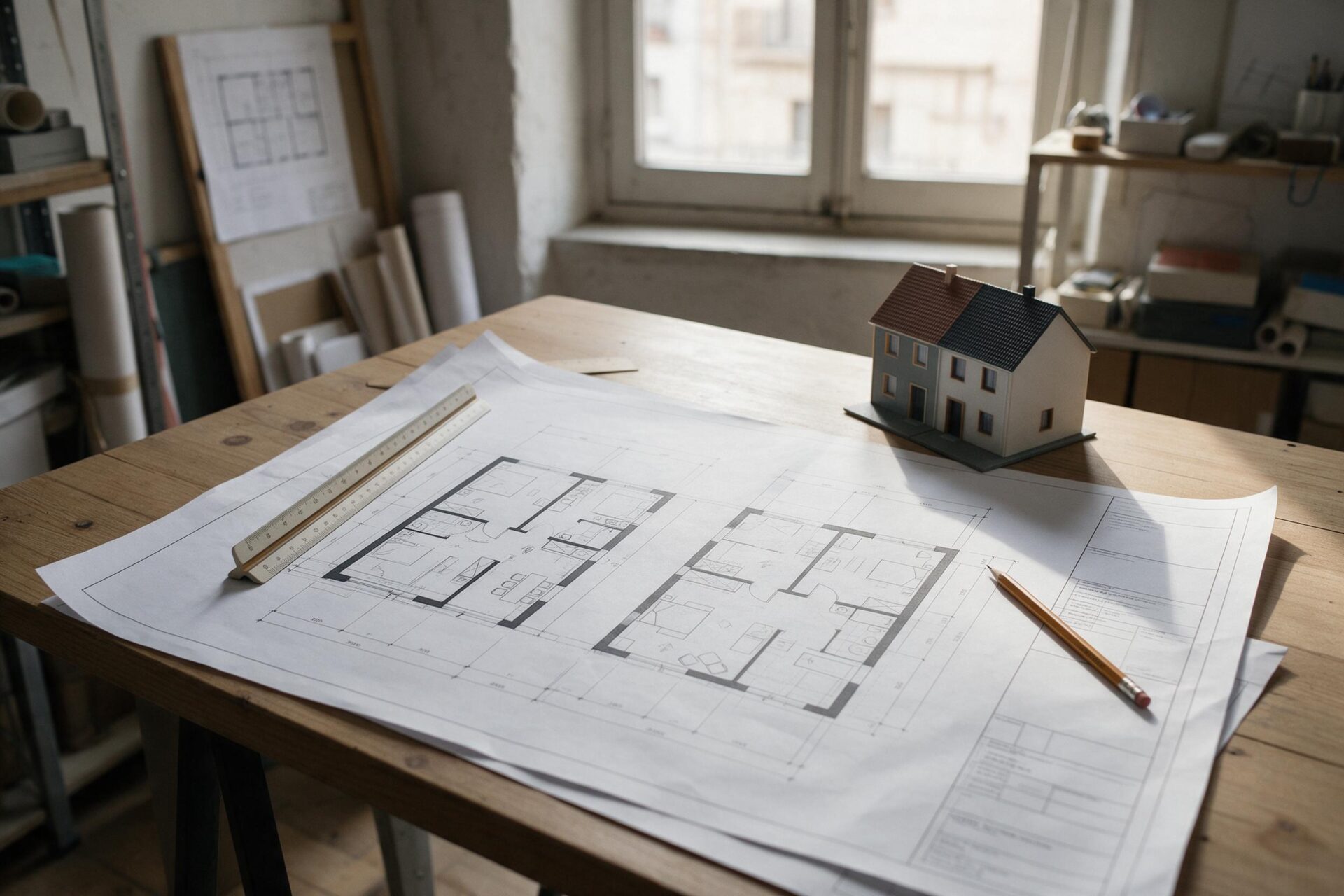 Planos de arquitecto de una casa dividida en dos viviendas independientes sobre una mesa de trabajo
