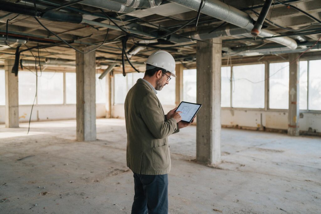 Arquitecto revisando planos en tablet durante la due diligence técnica de un edificio de oficinas