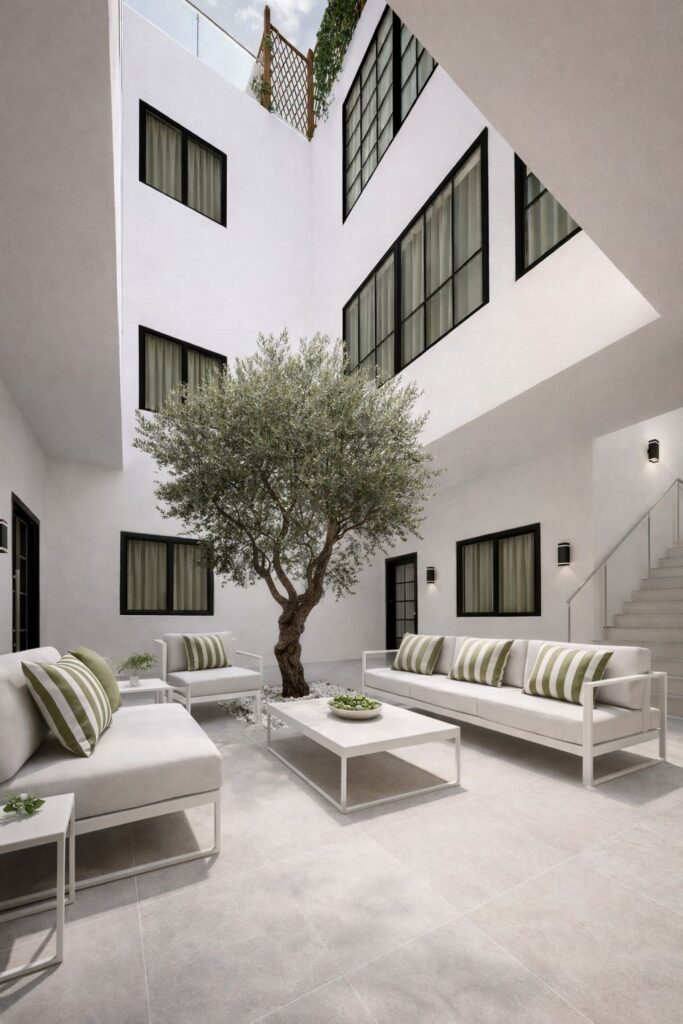 Infografía · Patio interior con vegetación del Edificio MOSS, reforma integral plurifamiliar para vivienda turística en Málaga centro por Klic Arquitectos