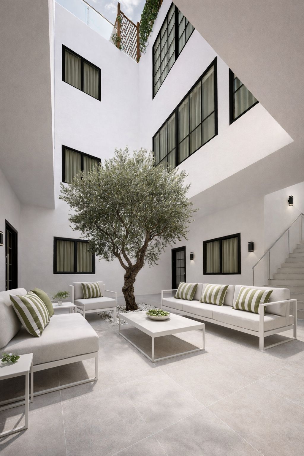 Infografía · Patio interior con vegetación del Edificio MOSS, reforma integral plurifamiliar para vivienda turística en Málaga centro por Klic Arquitectos