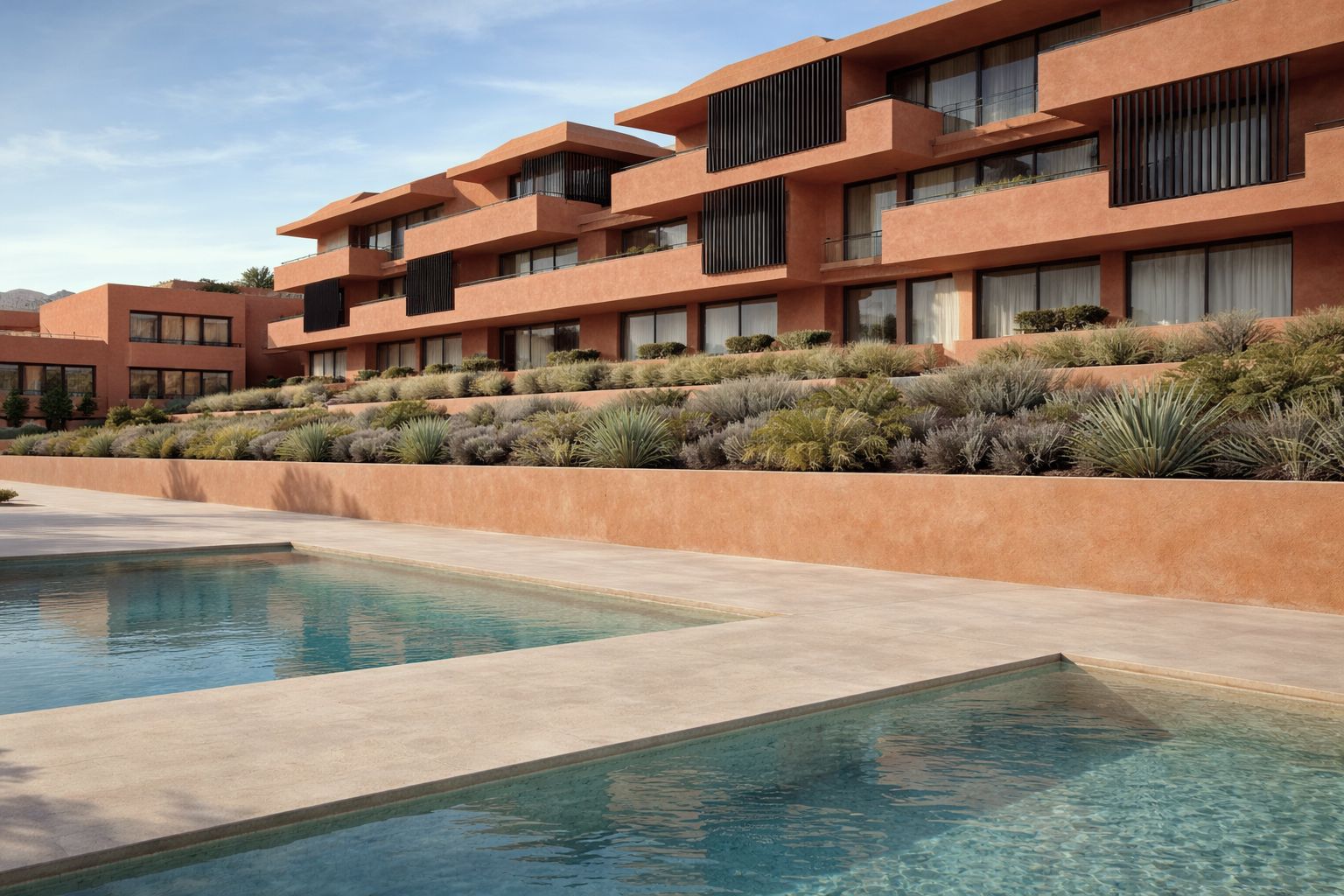 Piscina comunitaria y vegetación mediterránea del Edificio Terra en Santangelo (Benalmádena, Málaga), plurifamiliar contemporáneo por Klic Arquitectos