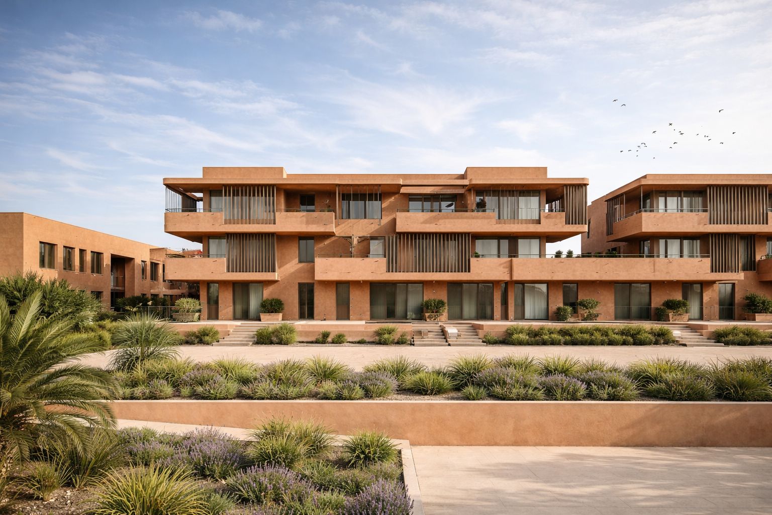 Infografía · Vista frontal escalonada del Edificio Terra en Santangelo (Benalmádena, Málaga), arquitectura plurifamiliar contemporánea por Klic Arquitectos