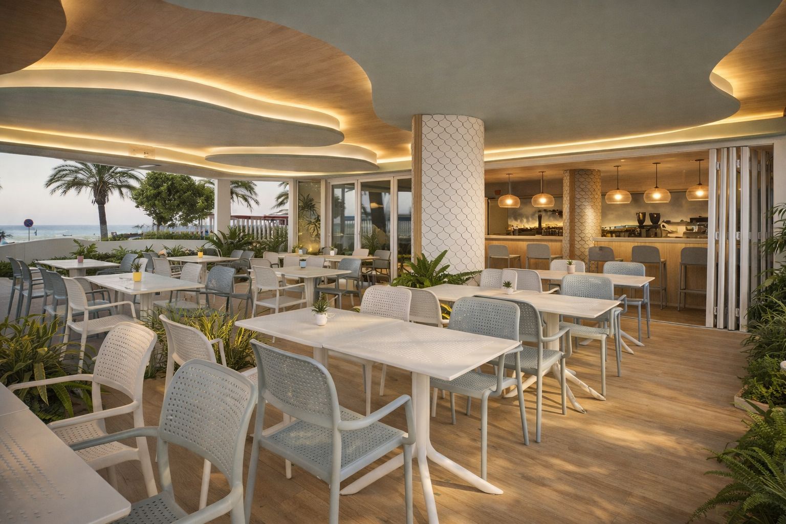 Infografía · Restaurante de hotel con mesas blancas y palmera · arquitectura hotelera · Klic Arquitectos