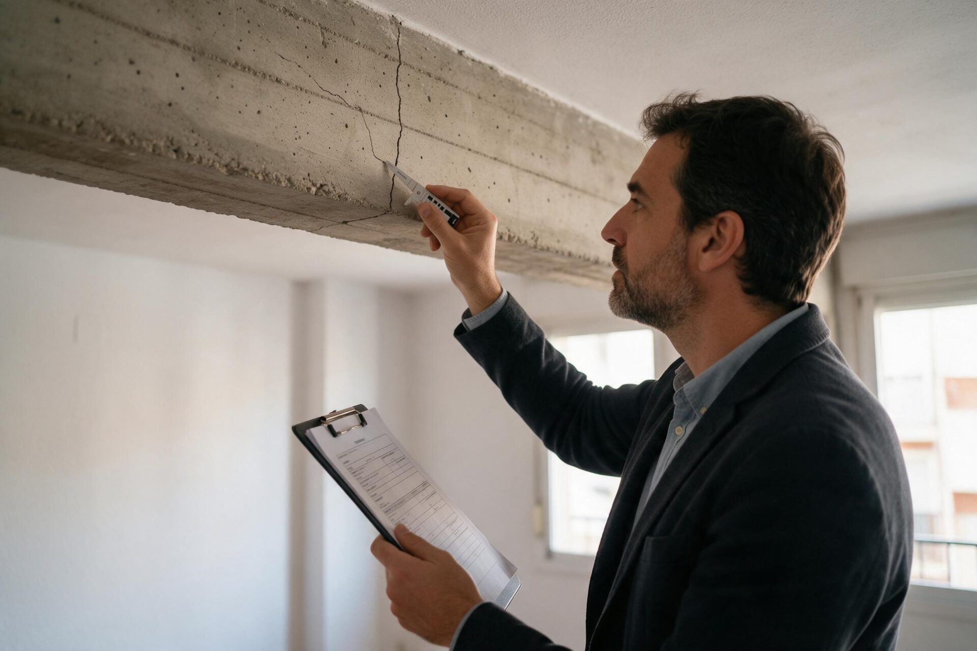 Arquitecto inspeccionando una grieta en una viga de hormigón durante un informe pericial