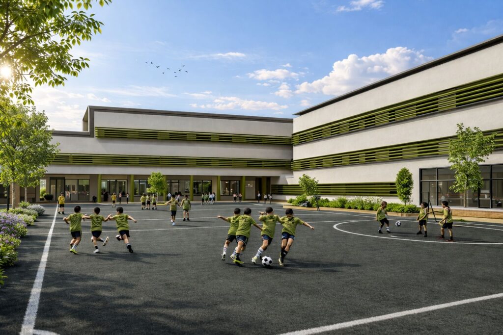Infografía · Instituto de educación secundaria en Teatinos, Málaga · propuesta Sage Green de Klic Arquitectos con patio y campo deportivo