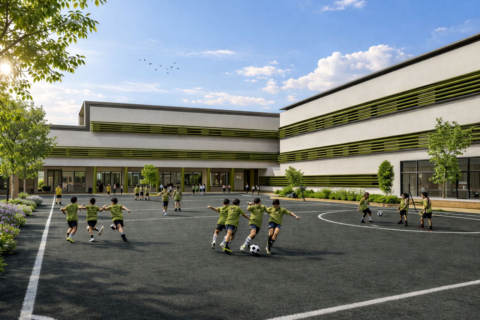 Rendu de l'institut d'enseignement secondaire à Teatinos, Málaga · proposition « Sage Green » de Klic Arquitectos avec patio et terrain de sport