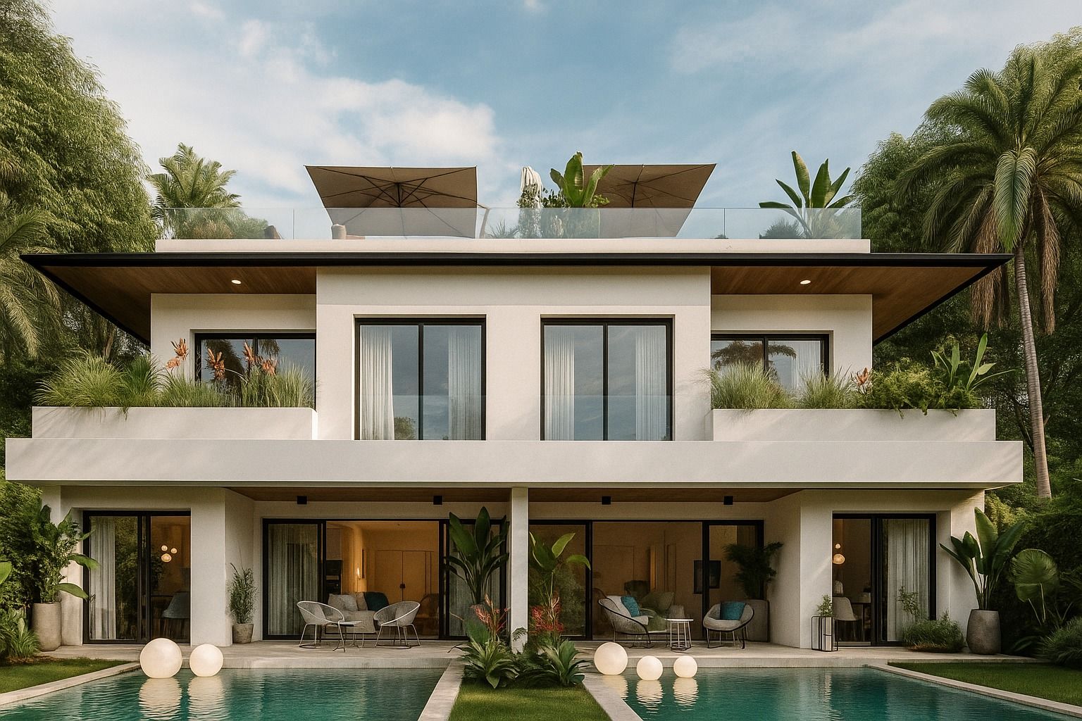 Fachada con solárium en cubierta y sombrillas de las pareadas Maravela en Fuengirola (Málaga), promoción residencial por Klic Arquitectos