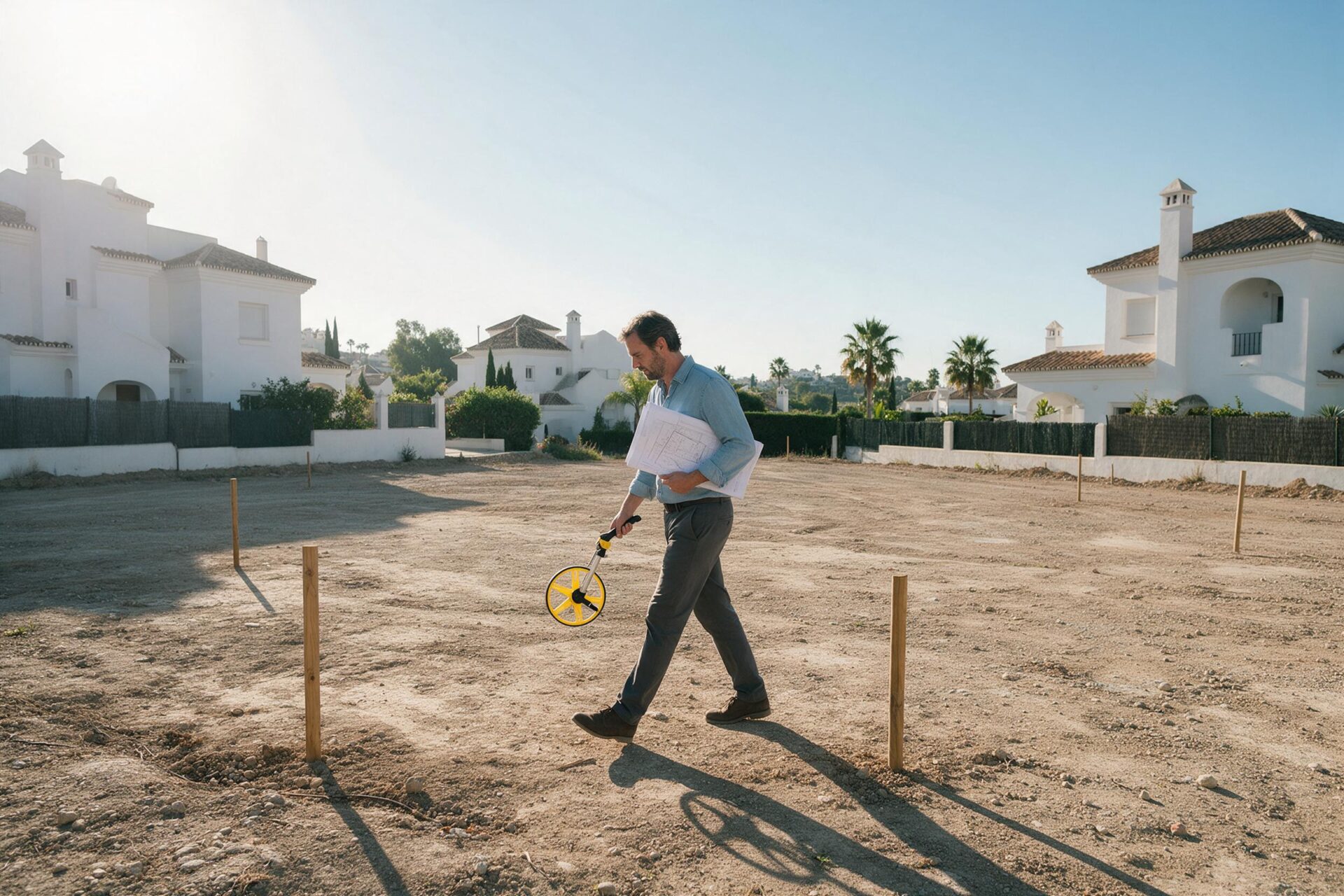 Arquitecto midiendo con rueda de medir una parcela urbana vacía entre villas en la Costa del Sol