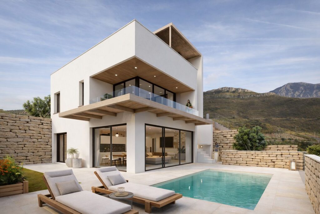 Infografía · Con piscina de la vivienda en Parcela 54, Antequera (Málaga) por Klic Arquitectos