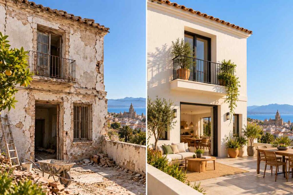 Vorher-nachher: verfallenes Altbauhaus in Málaga und dasselbe Haus renoviert, mit Terrasse und Blick auf die Kathedrale