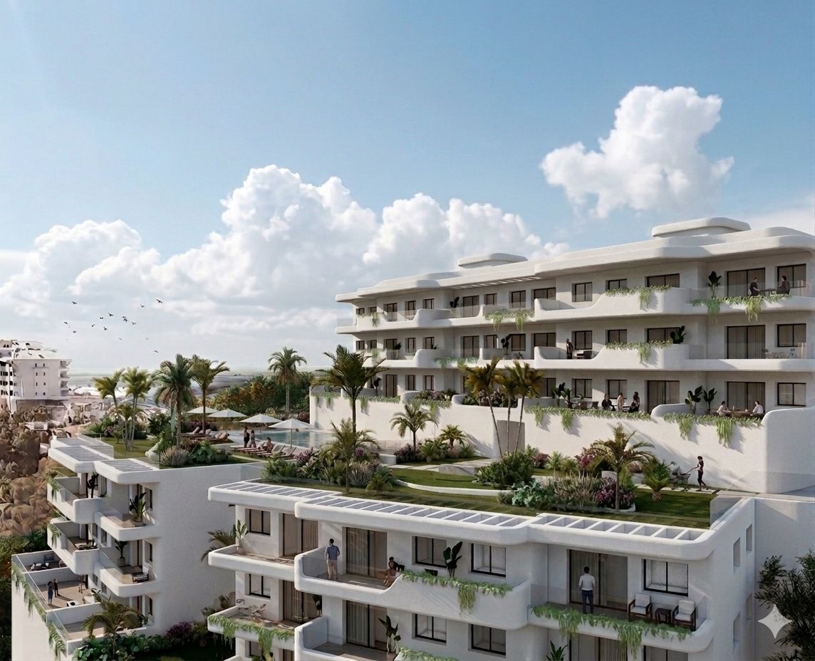 Vista en escorzo con terrazas escalonadas en Residencial Zalea, vivienda plurifamiliar en Torreblanca (Fuengirola, Málaga) por Klic Arquitectos