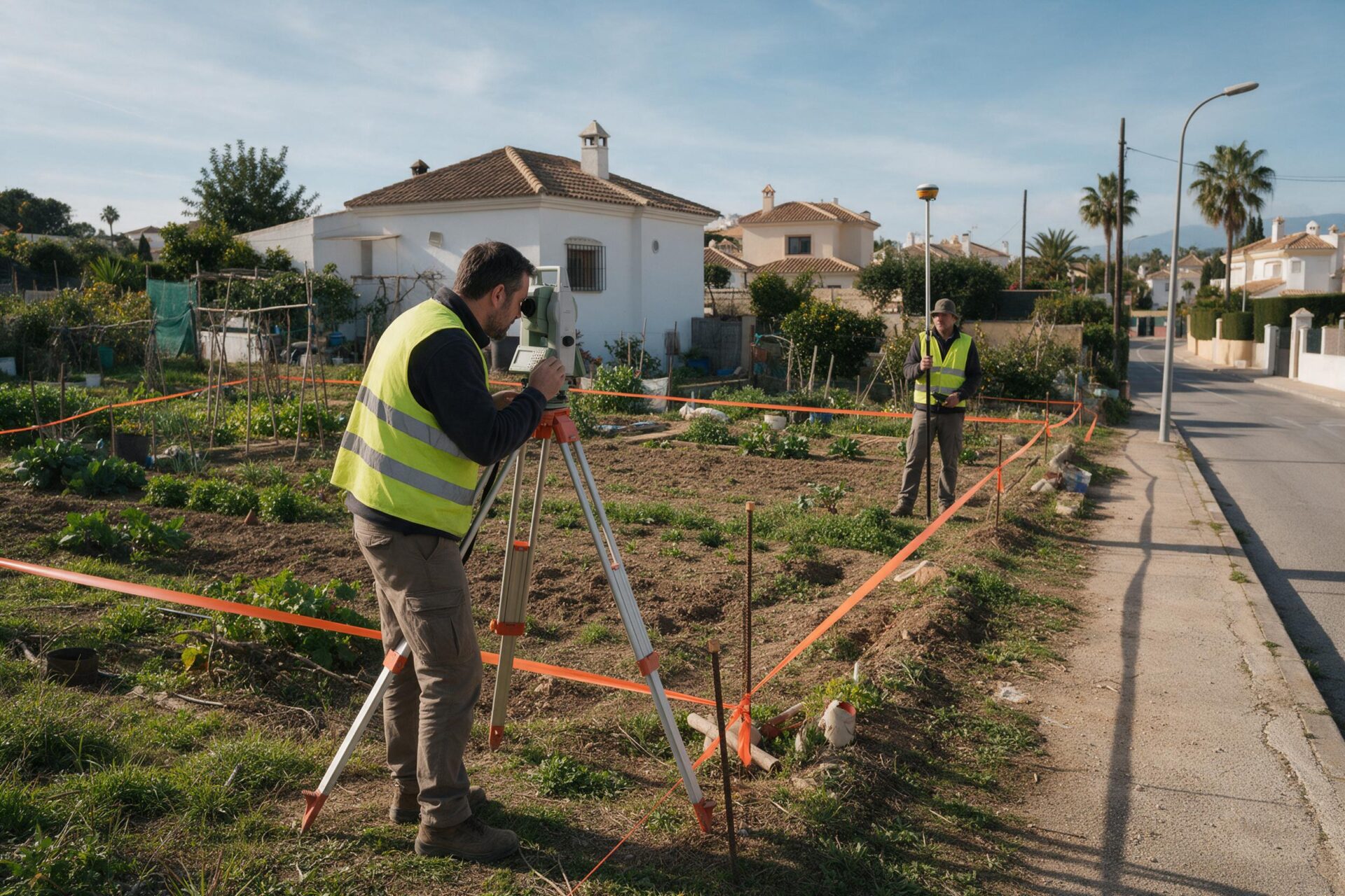Topógrafo con estación total en el lindero de una finca urbana con casa en la Costa del Sol