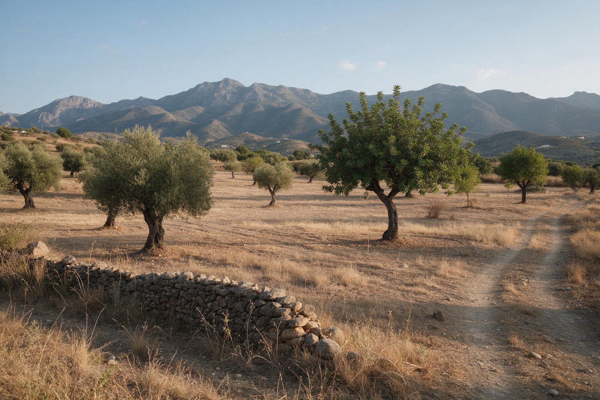 Terreno rústico no urbanizable en el campo andaluz con olivos, muro de piedra seca y sierra al fondo