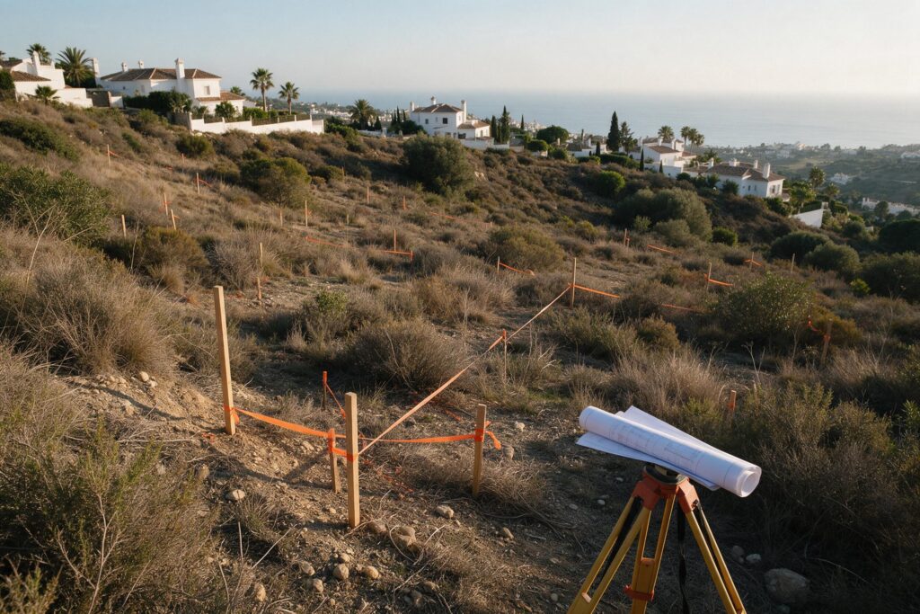Parcela en pendiente con estacas de replanteo y vistas a la Costa del Sol, estudio de viabilidad de suelo