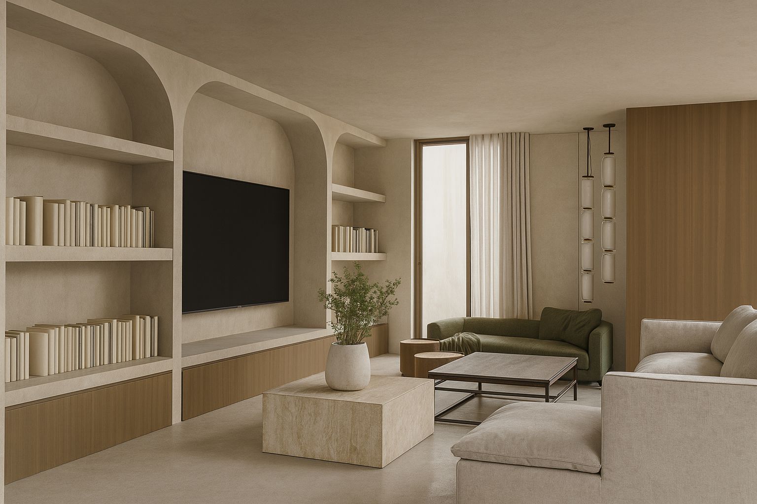 Sala de TV con biblioteca arqueada de Villa Boho en Colinas del Limonar (Málaga) por Klic Arquitectos