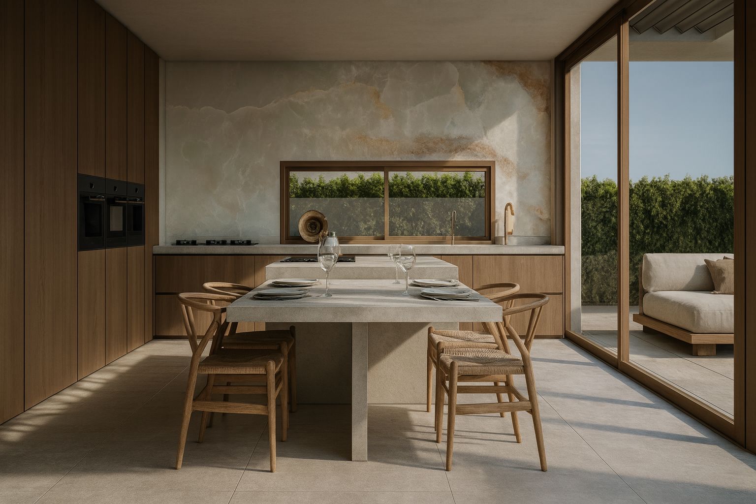 Cocina con isla de mármol y sillas Wishbone de Villa Boho en Colinas del Limonar (Málaga) por Klic Arquitectos