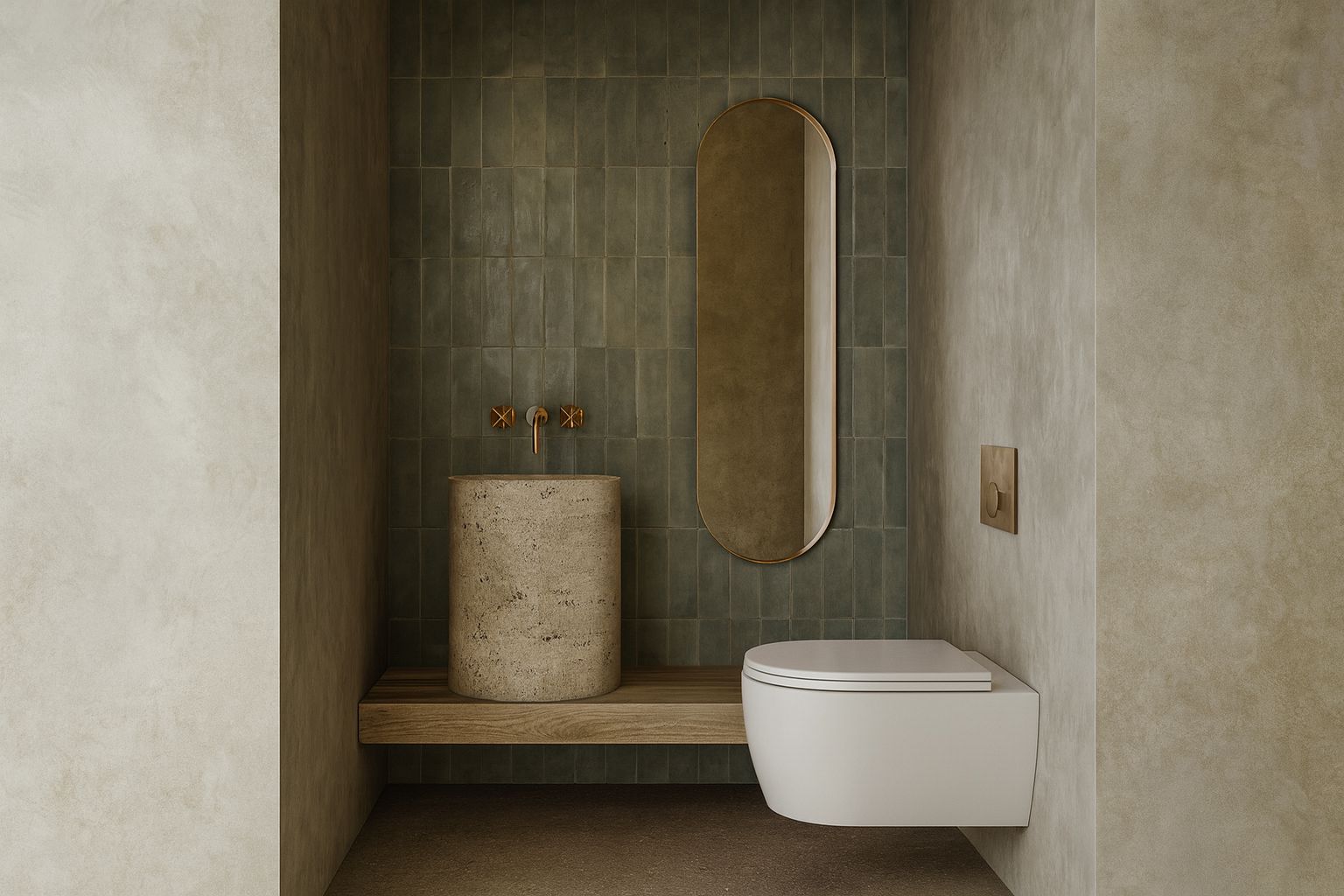 Aseo con lavabo de pedestal y revestimiento verde de Villa Boho en Colinas del Limonar (Málaga) por Klic Arquitectos