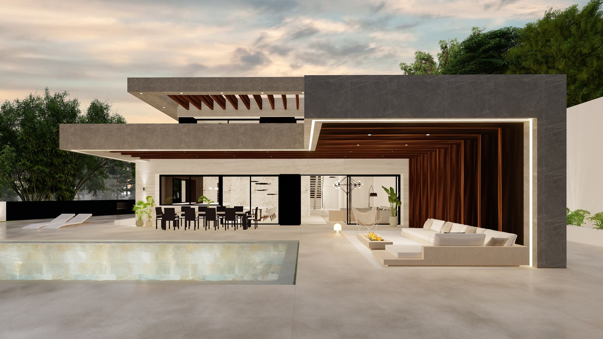 Piscina elevada y salón exterior bajo voladizo de Villa Sand en Colinas del Limonar (Málaga) por Klic Arquitectos