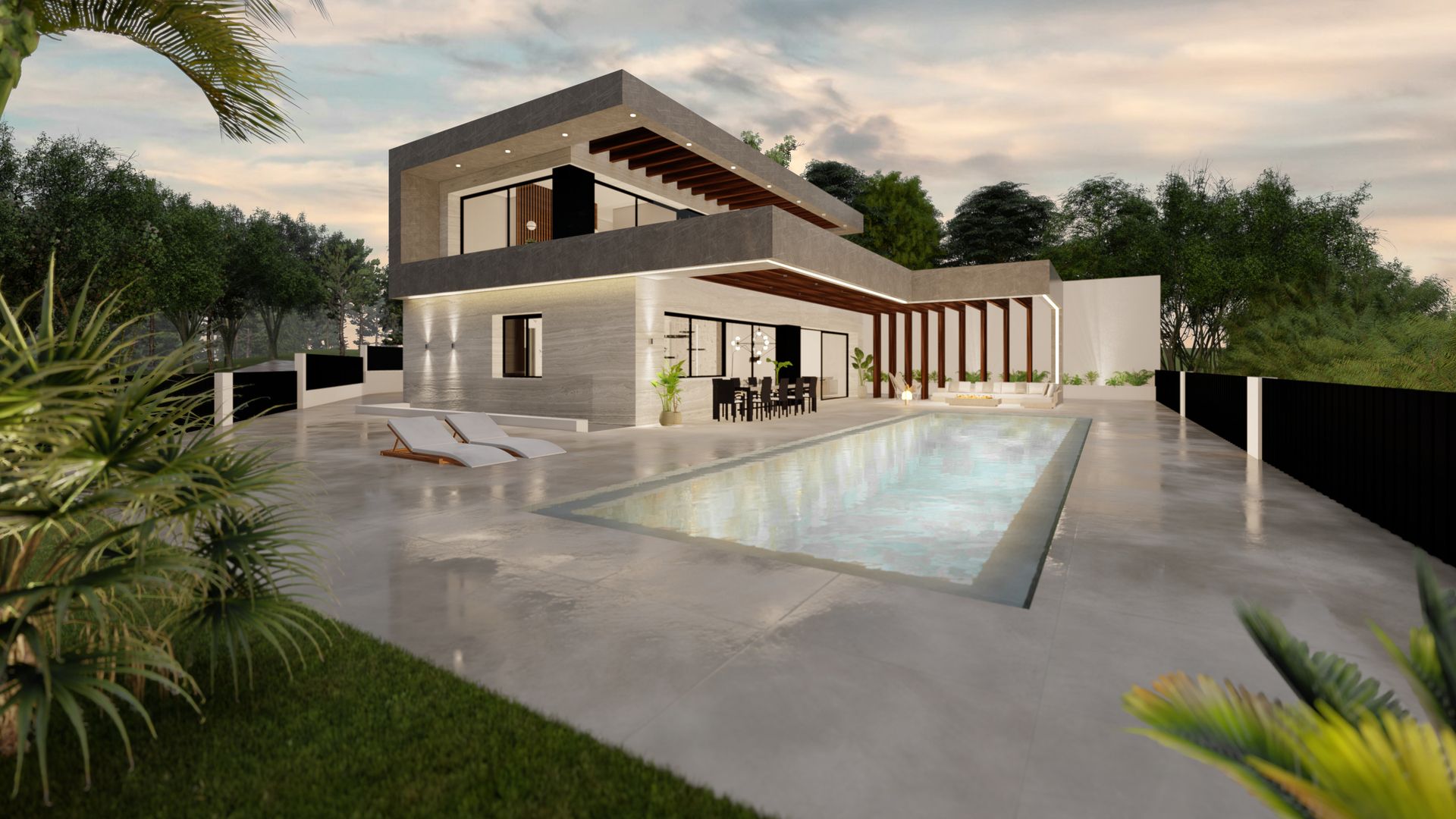 Fachada trasera con piscina elevada y voladizo de Villa Sand en Colinas del Limonar (Málaga) por Klic Arquitectos