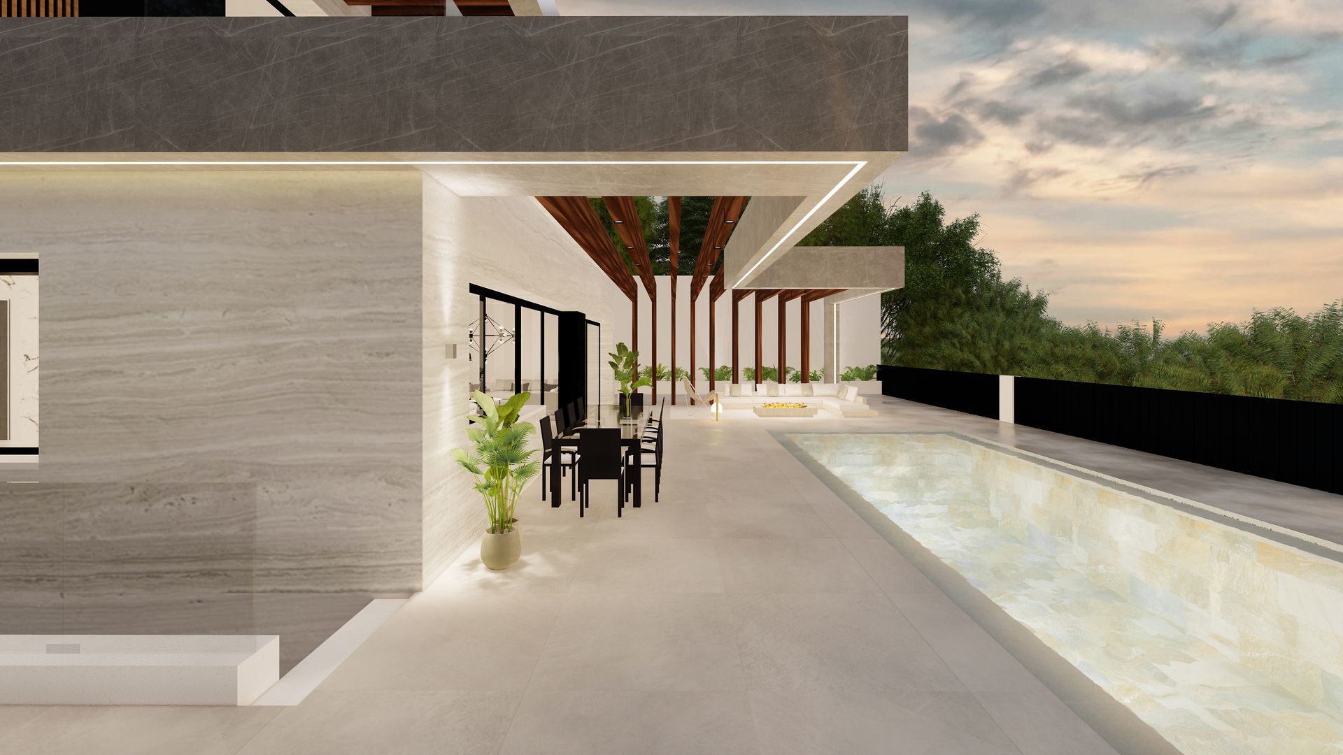 Vista exterior con piscina y porche cubierto de Villa Sand en Colinas del Limonar (Málaga) por Klic Arquitectos
