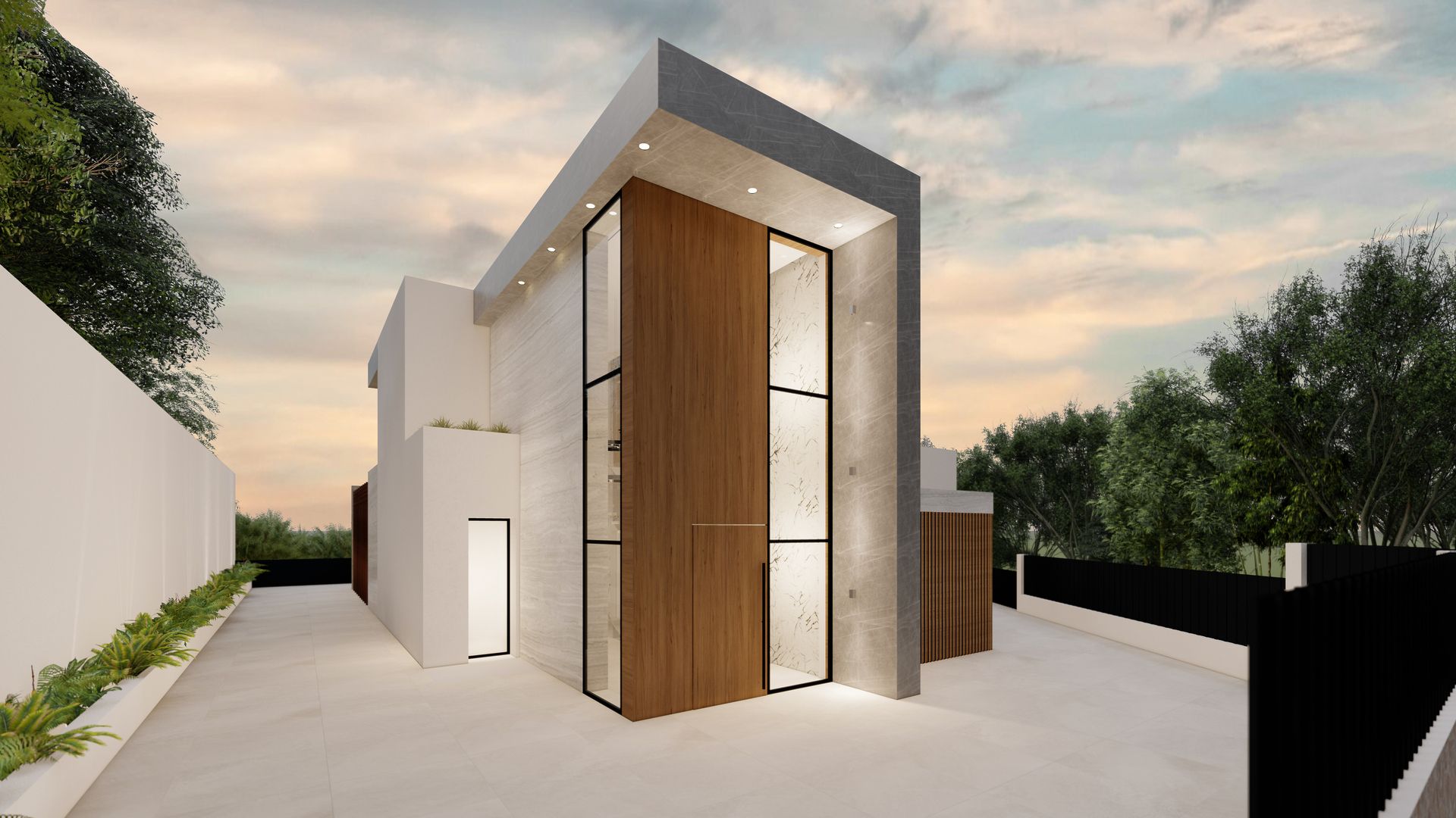 Acceso principal con celosía de madera de Villa Sand en Colinas del Limonar (Málaga) por Klic Arquitectos