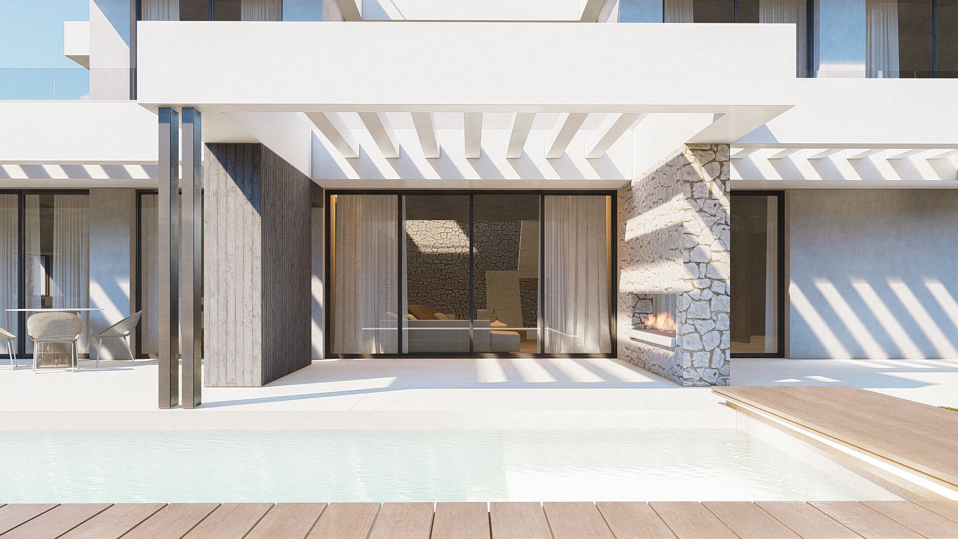 Porche cubierto con pérgola de la vivienda unifamiliar en Cártama (Málaga), arquitectura residencial de Klic Arquitectos